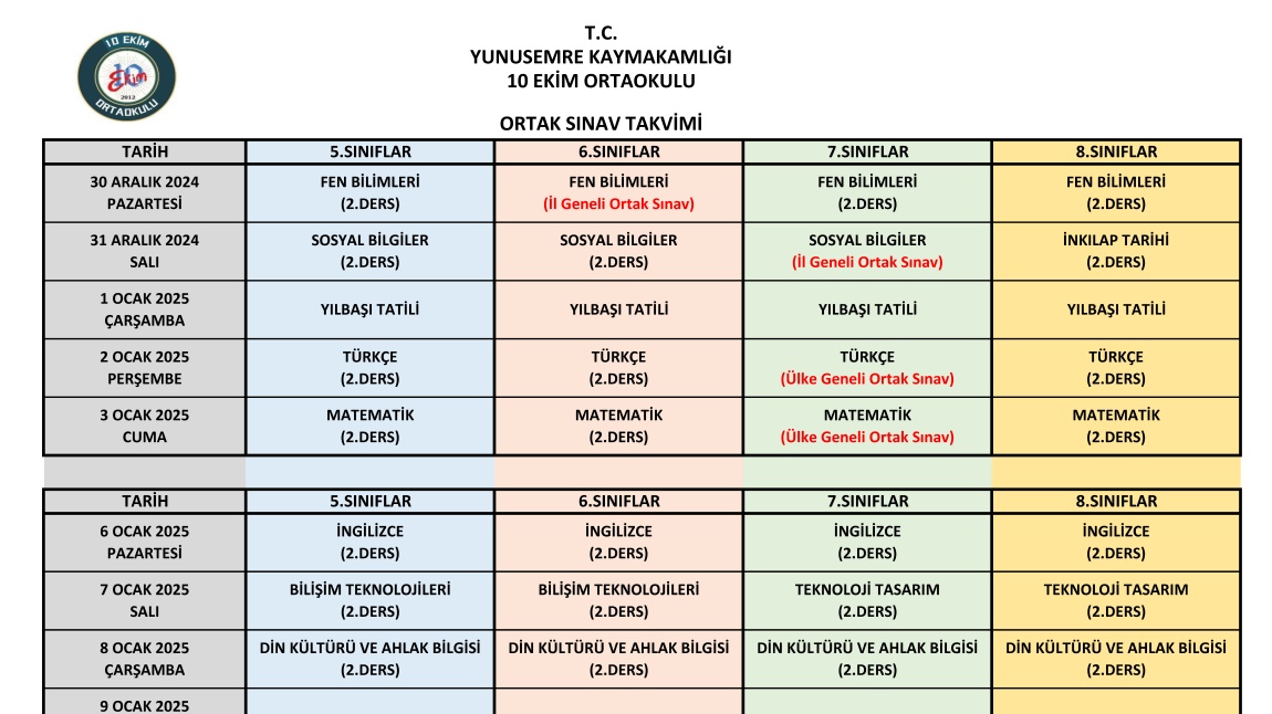 ORTAK SINAV TAKVİMİ