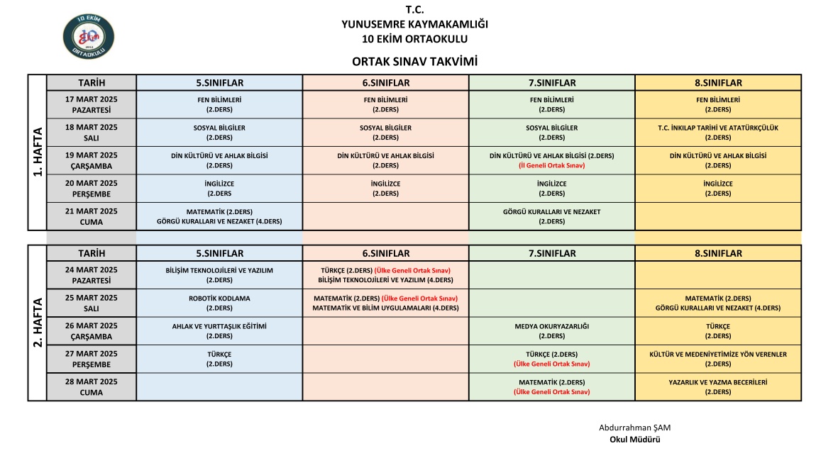 10 EKİM ORTAOKULU ORTAK SINAV TAKVİMİ